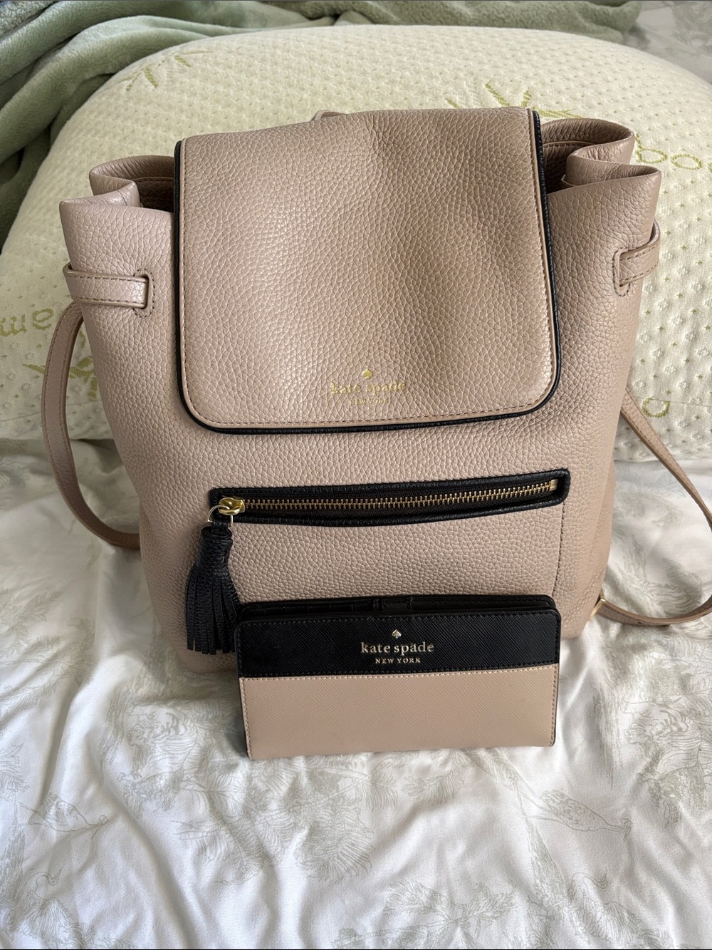 kate spade Blush Pink Pebbled Leather Backpack and wallet with Black Accents
